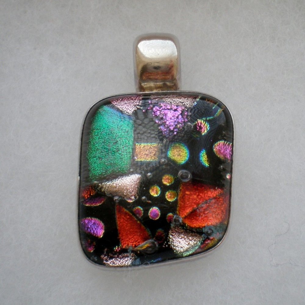 Large Sterling Silver 925 Purple Red Green Black Dichroic Glass Pendant 18.5 g.
